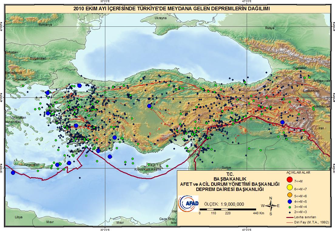 2010 EKİM AYINDA TÜRKİYE DE ÖNE ÇIKAN DEPREM AKTİVİTELERİ 2010 Ekim ayı içerisinde toplam 1488 adet deprem meydana gelmiştir (Şekil 1-2).