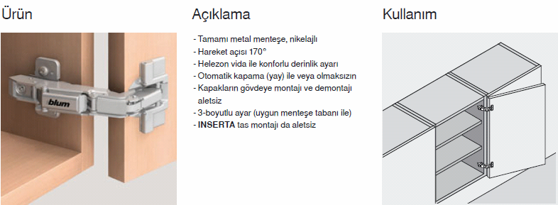 KÖŞE BİNİ MENTEŞELER TAS INSERTA ÖZELLİK KOD NO: Çelik tas Yaylı BLM.71T6540B Çelik tas Yaysız BLM.71T6540B TAS VİDALI ÖZELLİK KOD NO: Çelik tas Yaylı BLM.71T6550 Çelik tas Yaysız BLM.70T6550.