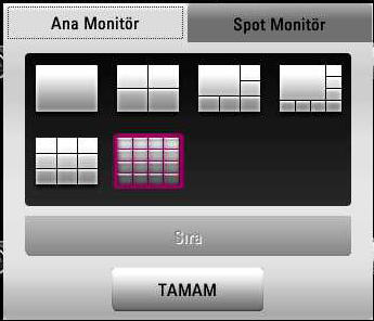 Ana Ekran görüntüleme modunun seçilmesi Canlı ekran modunda iken, ana monitörde tam, 4 bölümlü, bölümlü, 8 bölümlü, 9 bölümlü, 1 bölümlü, 17 bölümlü, veya 25 bölümlü ekran görüntüleri arasında seçim