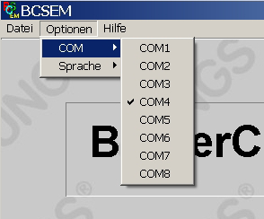 Bilgisayar destekli BCS devreye alımı COM alt menü noktasında kullanılan BCS arabirimi belirtilebilir. Seçildikten sonra veriler BCS.DAT dosyasına kaydedilir.