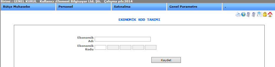 Şekil 1 Ekonomik kod tanımı işlemimize girebilmemiz için bütçe muhasebe menümüzden parametreler başlığını onun alt menüsünden bütçe tanımlarını bir alt menüden de ekonomik kod tanımını seçerek