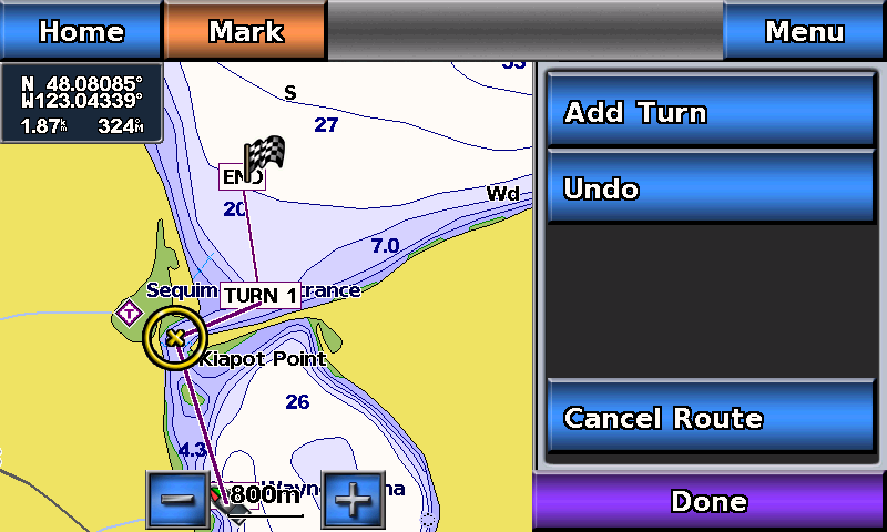 Marine Mode: Navigating Düzeltilen seyir Doğrudan seyir Mariner s Eye 3D Ekranında Doğrudan Seyri Takip Etme NOT: Bir seyri takip ederken, önemli navigasyon bilgisi tablonun üst kısmındaki bir veri