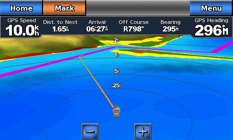 Marine Mode: Navigating 2. Eflatun ve mor çizgiyi (rota ayağı) başlangıç noktasından ilk dönüş noktasına doğru takip edin. 3.