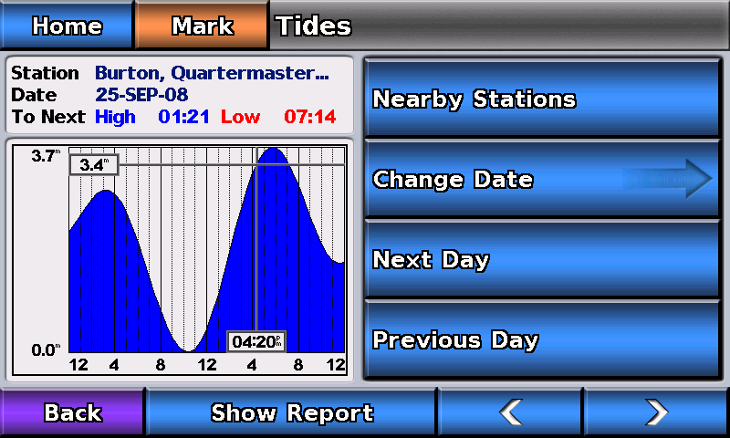 Marine Mode: Viewing Almanac Data Deniz Modu: Takvim Verisini Görüntüleme Güneş ve ay (gökyüzü) verisinin yanı sıra dalgalar ve akıntılar hakkında takvim verisine giriş yapmak için Bilgi ekranını