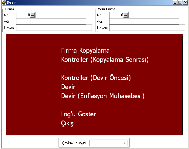 3. Devir Seçenekleri 1.1. Dönem Devri: Firmanın kendi dönemleri arasında devir işlemi yapılacaksa öncelikle yeni dönem açılmalı ve dönem dosyaları oluşturulmalıdır. Devir.Exe de Firma ve yeni firma numarasına aynı firma numarası girilmelidir.