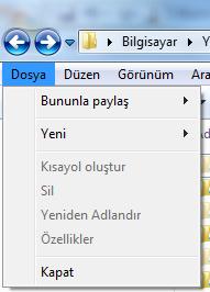 Menü çubuğunda Dosya, Düzen, Görünüm, Araçlar ve Yardım olmak üzere 5 kategori bulunmaktadır. Dosya menüsü nesneler üzerinde yapılabilecek Resim 20. Dosya Menüsü işlemleri organize etmede kullanılır.