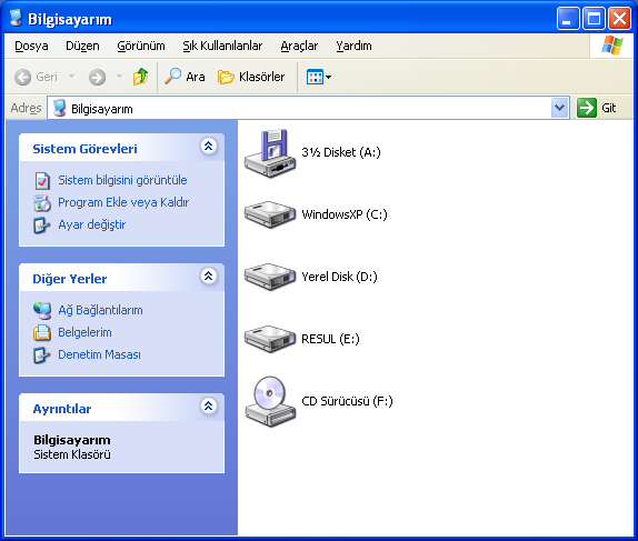 Temel İşlemler Bilgisayarım simgesini faremizin sol tuşu ile çift tıkladığımızda, karşımıza bilgisayar üzerindeki sürücüler ve çevre birimlerini gösteren