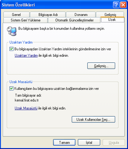 Denetim Masası Sistem Uzak : Windows XP ile gelen yeni bir özellik olan, uzaktaki bir noktadan