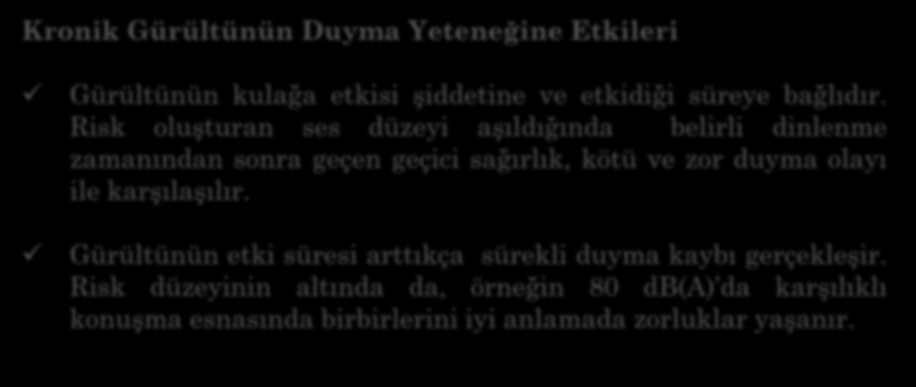 Kronik Gürültünün Duyma Yeteneğine Etkileri Gürültünün kulağa etkisi şiddetine ve etkidiği süreye bağlıdır.