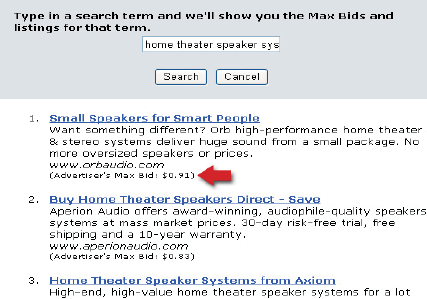 Yukarıdaki "ev sinema hoparlör sistemi" - fark için bir arama yöntemini görüyorsunuz, Yahoo da üst teklifi 1.00 $ altında görüyoruz İşte sizin teklifiniz bunu baz alarak hazırlanmalı.