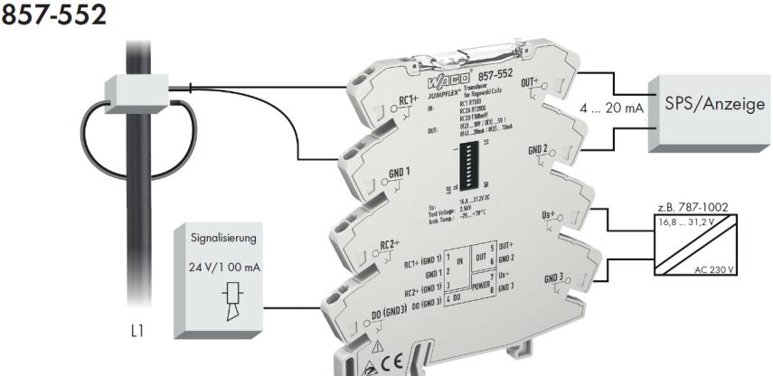 Bir başka Rogowski Bobini uygulamasında ise 857-552 ürün kodlu, Bluetooth üzerinden de konfigüre edilebilen WAGO Transdüser kullanılırak akım ölçümleri standart analog sinyallere çevrilip PLC lerin