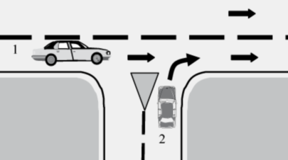 43. Şekildeki tehlike uyarı işaretini gören sürücü aşağıdakilerden hangisini yapmalıdır? 46. A) Banketten gitmelidir. B) Takip mesafesini artırmalıdır. C) Hızını artırarak öndeki aracı geçmelidir.
