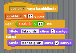 9. Yandaki komutlar sırasıyla çalıştığında durumun son değeri ne olur? a. Genç b. Yaşlı c. 18 d. 40 10. Yandaki resme göre boşluk tuşuna basıldığında ne olur? a. Karakter "20" diye söyler. b. Karakter "Sıkı giyin!