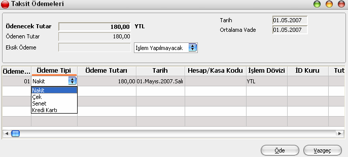 Senet Kredi kartı seçeneklerini içerir. Ödeme tipi nakit olarak seçilirse nakit tahsilat fişi otomatik olarak oluşturulacaktır.