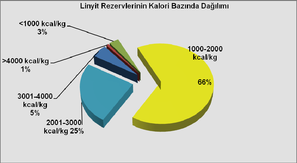 Türkiye deki linyitler standartta belirtilen üst ısıl değerin oldukça altındadır. Ülkemiz linyit rezervlerinin kalorifik değeri 1000 kcal/kg ile 4200 kcal /kg arasında değişiklik göstermektedir.