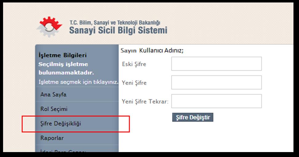 7. Şifre Değiştirme Sağ taraftaki ana menüden Şifre Değişikliği linkine tıkladıktan sonra Şekil