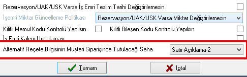 Örnek olarak aşağıda serbest üretim sonu kaydında alternatif kodu sahası görülmektedir.