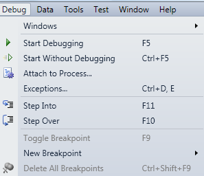 Debugging in C# (continued) Figure 12-2 Debug menu options
