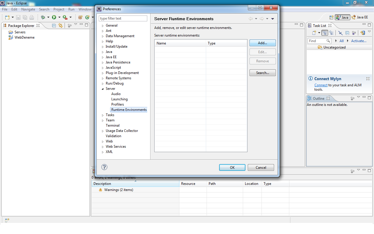 Server sekmesinden Runtime Environments