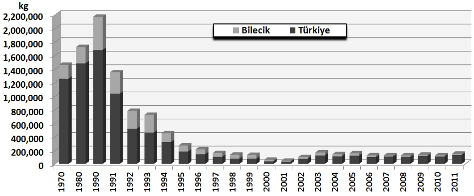 Gelişimi ve Dağılışı Bakımından Türkiye İpekböcekçiliğinde Bilecik İlinin Yeri, Sorunları ve Çözüm Önerileri koza üretimi de 44.337 kg a yükselmiştir.