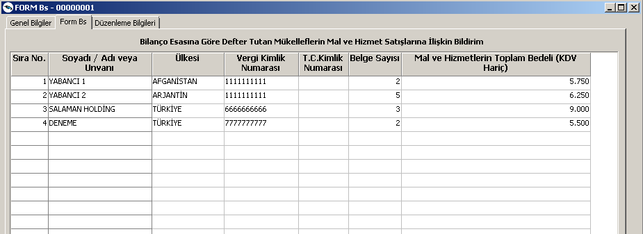 Bu filtrenin evet seçilmesi durumunda cariye bedelsiz olarak kesilen faturalar beyannamede belge sayısını etkileyecektir. Ör: A carisine 3 Adet fatura 5000 TL işlemimiz mevcut.