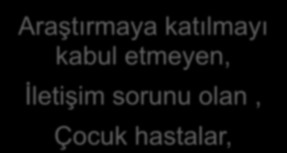 ARAŞTIRMA SINIRLILIKLARI Araştırmaya katılmayı kabul etmeyen, İletişim sorunu olan, Çocuk hastalar,