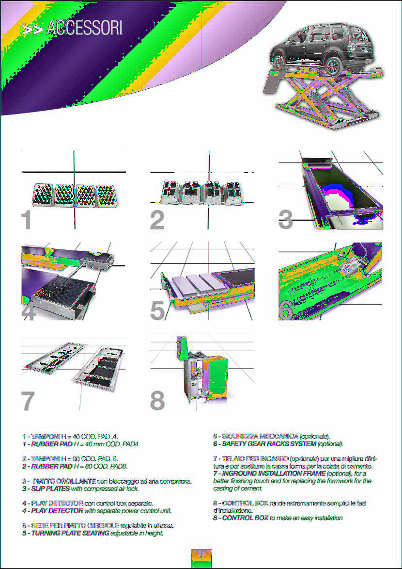 >> AKSESUARLAR 1 - KAUÇUK YASTIK H = 40 mm COD. PAD4. 6- GÜVENLİK KREMAYER DİŞLİ SİSTEMİ (opsiyonel) 2- KAUÇUK YASTIK H = 80 COD. PAD8. 3- KAYMA PLAKALARI basınçlı hava kilitli.