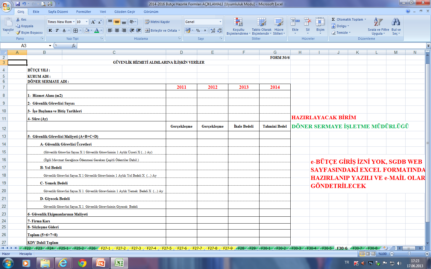 Bütçe Hazırlık Formları (Form-30/6