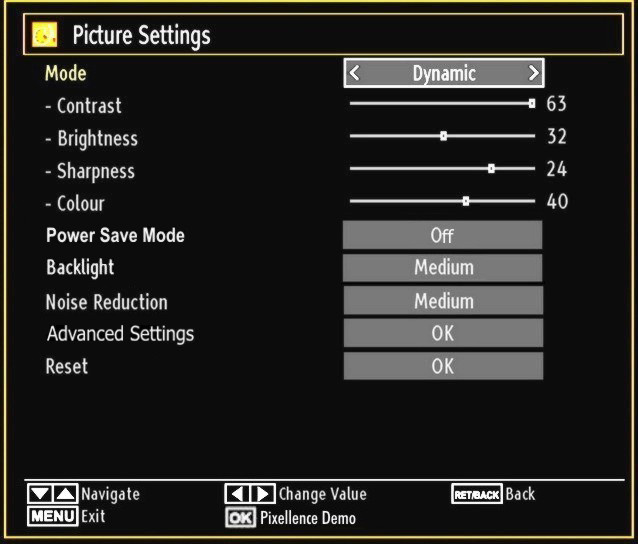 Use or button to set an item. Press MENU button to exit. Pixellence Demo Mode : While Mode option is highlighted in picture menu, Pixellence demo mode will be displayed bottom of the menu screen.