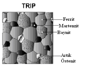 ve baynit gibi sert fazlar da görülür. Şekil 2.3 te TRIP çeliğinin şematik mikroyapısı gösterilmiştir. Şekil 2.3 TRIP çeliği mikroyapısı şematik gösterimi [3].