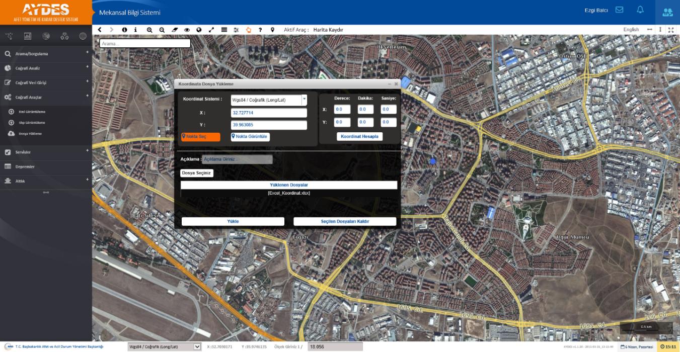 Resim 58: Koordinata Dosya Yükleme Koodinata Dosya Yükleme penceresinde
