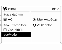 112 Klima Sistemi Soğutma Klima menüsünde AC menü noktasını seçin düğmeye basarak soğutma modunu açın veya kapatın.