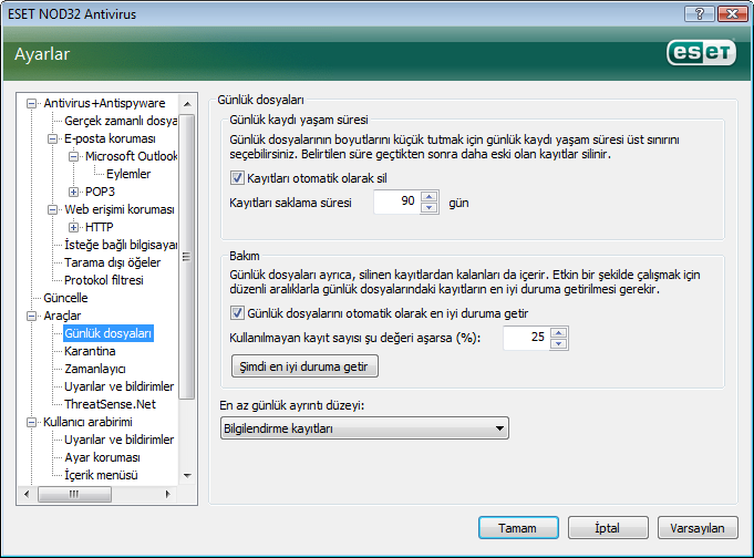 4.5.1 Günlük bakımı ESET NOD32 Antivirus'ün Günlük yapılandırmasına ana program penceresinden erişilebilir.