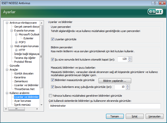 ESET NOD32 Antivirus ana program penceresinin üst tarafında, Standart menü kullan seçeneğine göre etkinleştirilip devre dışı bırakılabilen bir Standart menü vardır.