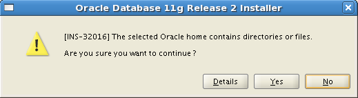 12. Oracle base ve software location (oracle home dizini) klasörlerimizi seçiyoruz. 13. Oracle home dizininin boş olmadığını belirten aşağıdaki gibi bir uyarı verebilir.