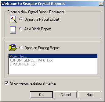 CRYSTAL REPORT EĞĠTĠM DÖKÜMANLARI Create a new Crystal report Document: Yeni bir Crystal Report dökümanı oluşturmak için aşağıdaki optionlardan biri seçilir a) Using the report expert: Crystal