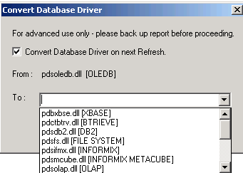 Convert Database Driver: Raporun veri tabanına bağlantı şekillerini değiştirmek için kullanılır. Örneğin, ODBC ile yapılan bir bağlantıyı OLEDB!ye çevirmek gibi.