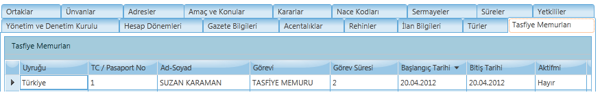 Neviler sekmesi alanında seçilen firmanın nevi, başlangıç tarihi, bitiş tarihi, ilk ve son tescil bilgilerini görüntüleyen alanlar bulunmaktadır.