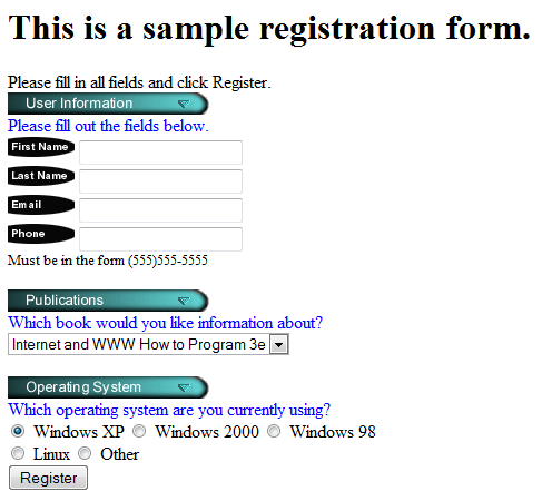 <!-- create a submit button --> <input type = "submit" value = "Register" /> </body> </html> Hazırladığınız HTML formu ekranda şu şekilde görünecektir: Form.php <html xmlns = "http://www.