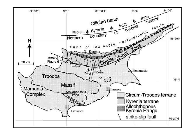 (Harita 3) Şekil 23 Kıbrıs fay hatları haritası Girne bölgesinde güneyden batıya eğimli geniş açılı bir fay zonu olan Kythrea yani Değirmenlik fayı da mevcuttur.