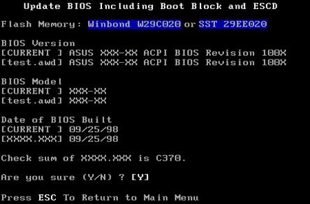 Aflash.exe programını disketten çalıştırın ve 1.Save Current Bios to File seçe seçin. ASUS BIOS dosyasını ASUS un web sitesinden daha önceden oluşturmuş olduğunuz diskete indirin.