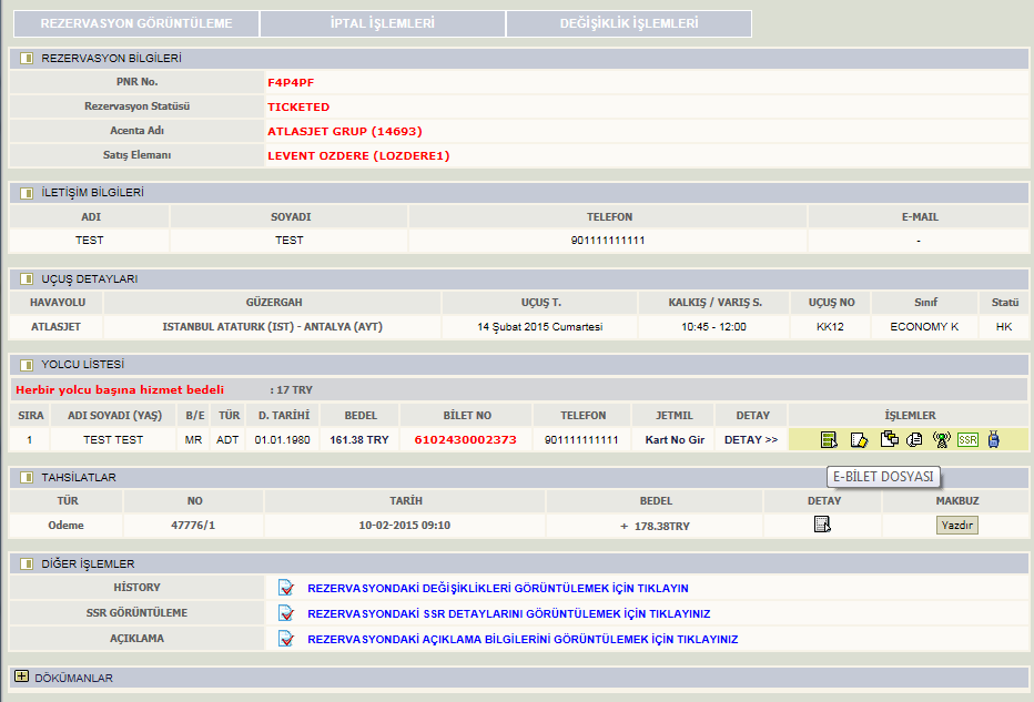 E Bilet Görüntüsü.) Yeni rezervasyon sistemimiz ADS ile birlikte, dünya standartlarına uygun E Bilet dosyalarına da PNR lardaki İşlemler seçeneğinden ulaşılabilecektir.