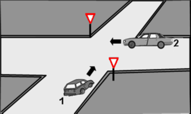 1. GRUP TRAFİK ve ÇEVRE BİLGİSİ Z 39. Şekildeki 1 numaralı araç sürücüsü ne yapmalıdır? A) 2 numaralı araca yol vermelidir. B) Korna çalıp 2 numaralı aracı durdurmalıdır.