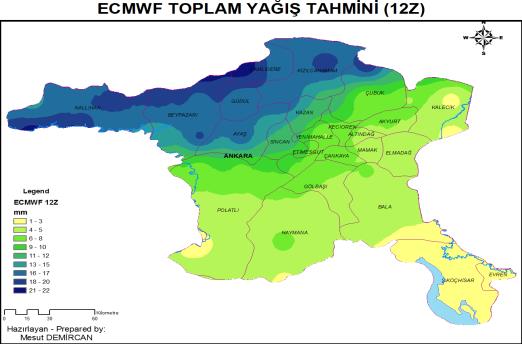 girdiği ve yağışla birlikte Ankara üzerine yöneldiği görülmektedir. Islak toz birikimi çıktısında; İzmir, Sinop, Hatay ve Hakkari çevresinde birikim gözükmektedir (Şekil 16). Şekil 9.