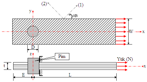 Problemin tanımı ve deneysel çalışma Şekil 1 de pim bağlantısı kullanılarak bağlanmış olan kompozit levhanın geometrik özellikleri ve yükleme koşulları görülmektedir. K. Turan, M. Gür Şekil 1.