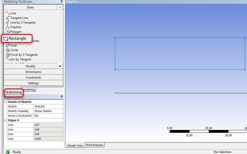 Sketching >Draw>Rectangle : Komutu ile ölçüsüz bir dikdörtgen çizdik.