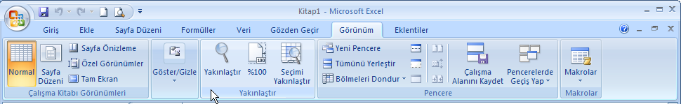 Veri: Veri sekmesinde Excel in sık kullanılan alt toplam, doğrulama, dış veri, hedef ara ve senaryolar gibi veri analiz etme araçları bulunur. Veri sekmesi seçildiğinde 5 tane grup ekrana gelir.