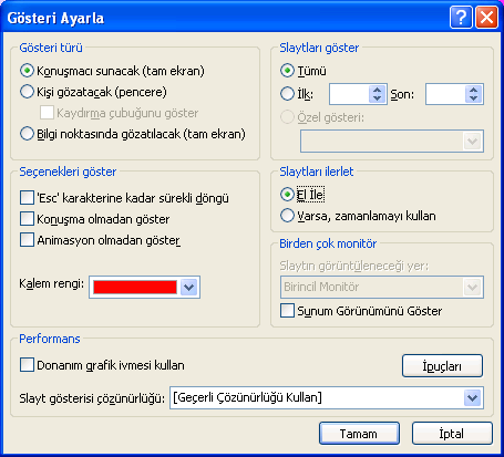 Sunuyu tekrar elle çalıştırmak için Slayt Gösterisi menüsünden Gösteri Ayarla komutu tıklanır. Açılan diyalog kutusunda El ile işaretlenir.