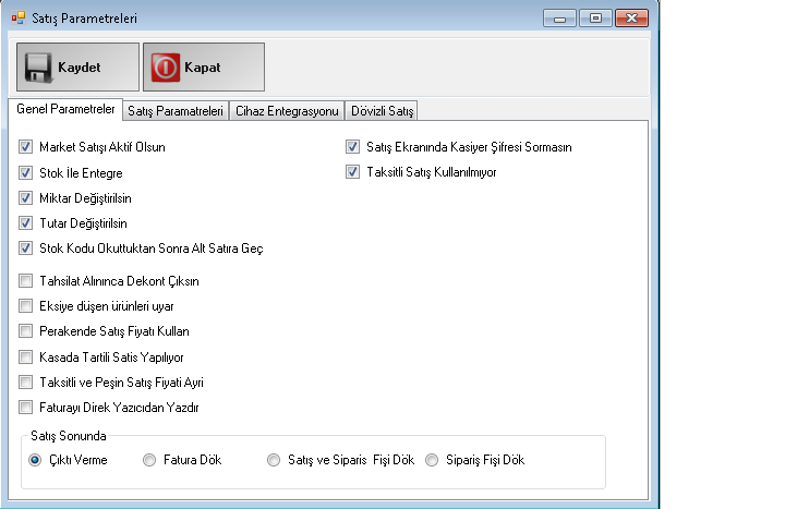 SATIŞ PARAMETRELERİ Market satışı aktif olsun: bu alan işaretli olursa ilk başta market, ürün bilgileri gelir işaretle değil ise müşteri bilgileri gelir.