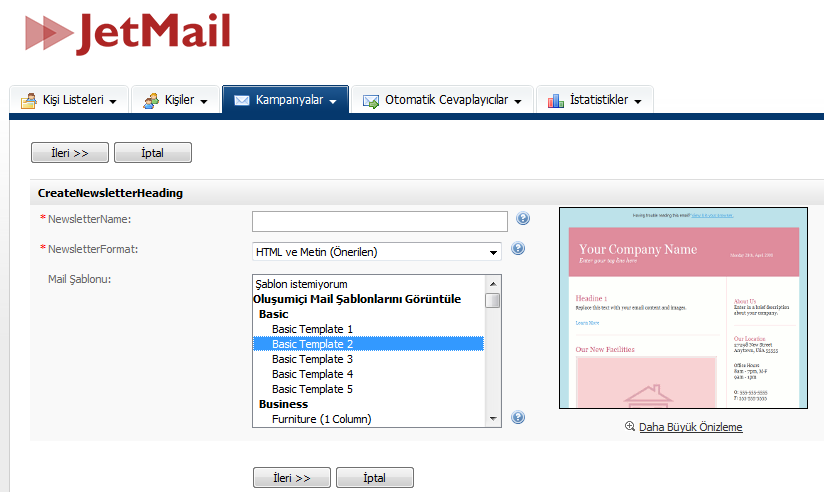 5. Mail Gönderme (Kampanya Oluşturma) Kampanyalar butonu tıklanarak Mail Kampanyası Oluşturun seçilir.